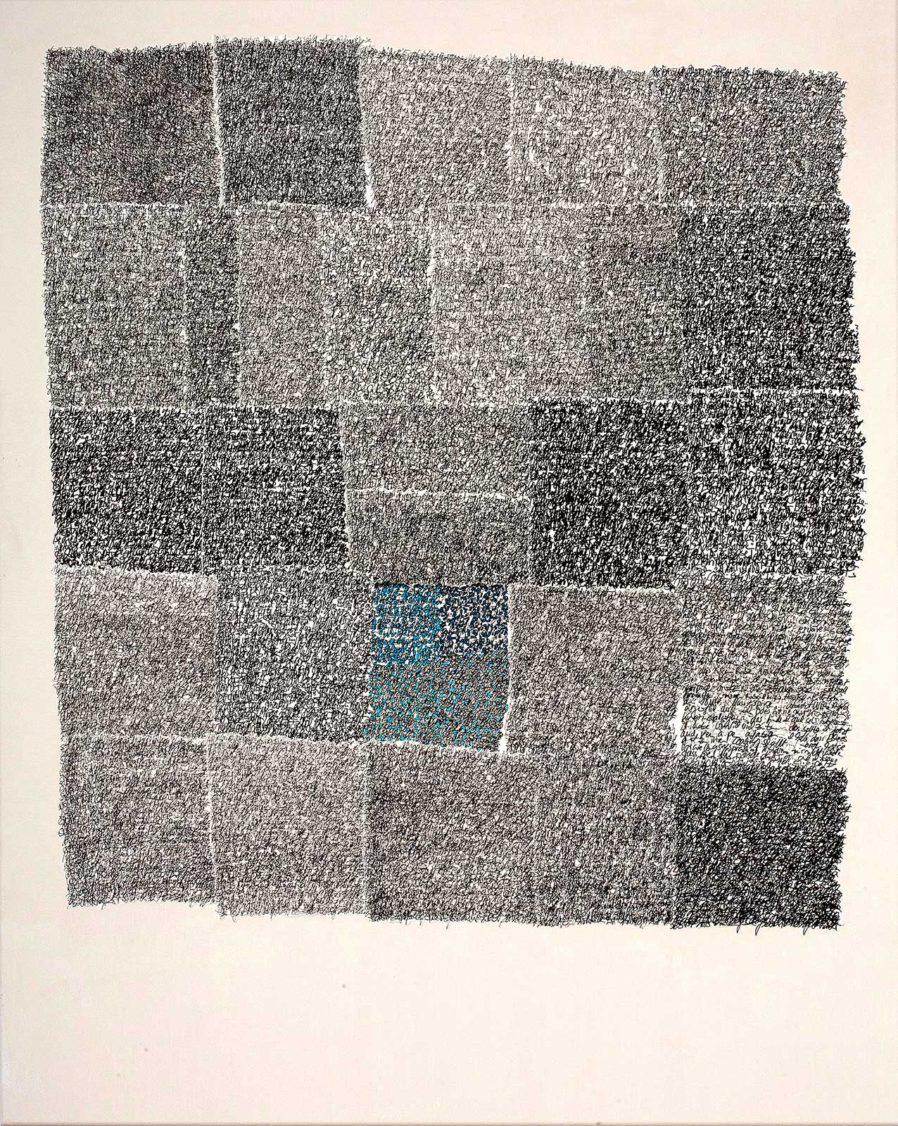 Die zeitgenössische Collage Denkstoff (1)  von Doris Junker ist eine experimentelle Auseinandersetzung mit Handschrift und ihrer Struktur in Kombination mit Farbe. Foto von Dagmar Morath.